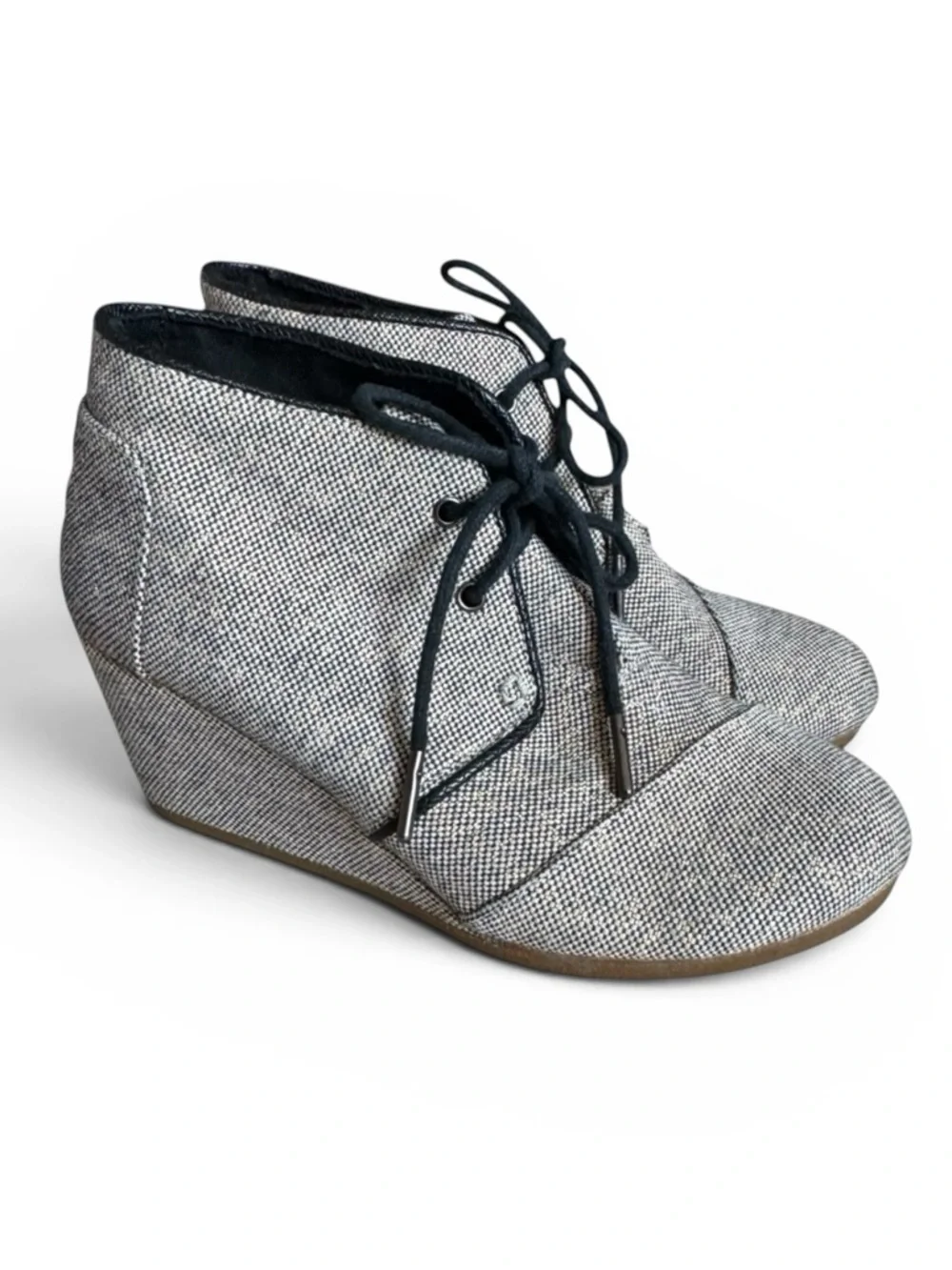 TOMS Wedge Ankle Booties Lace Up Tweed Black Cream Size 7